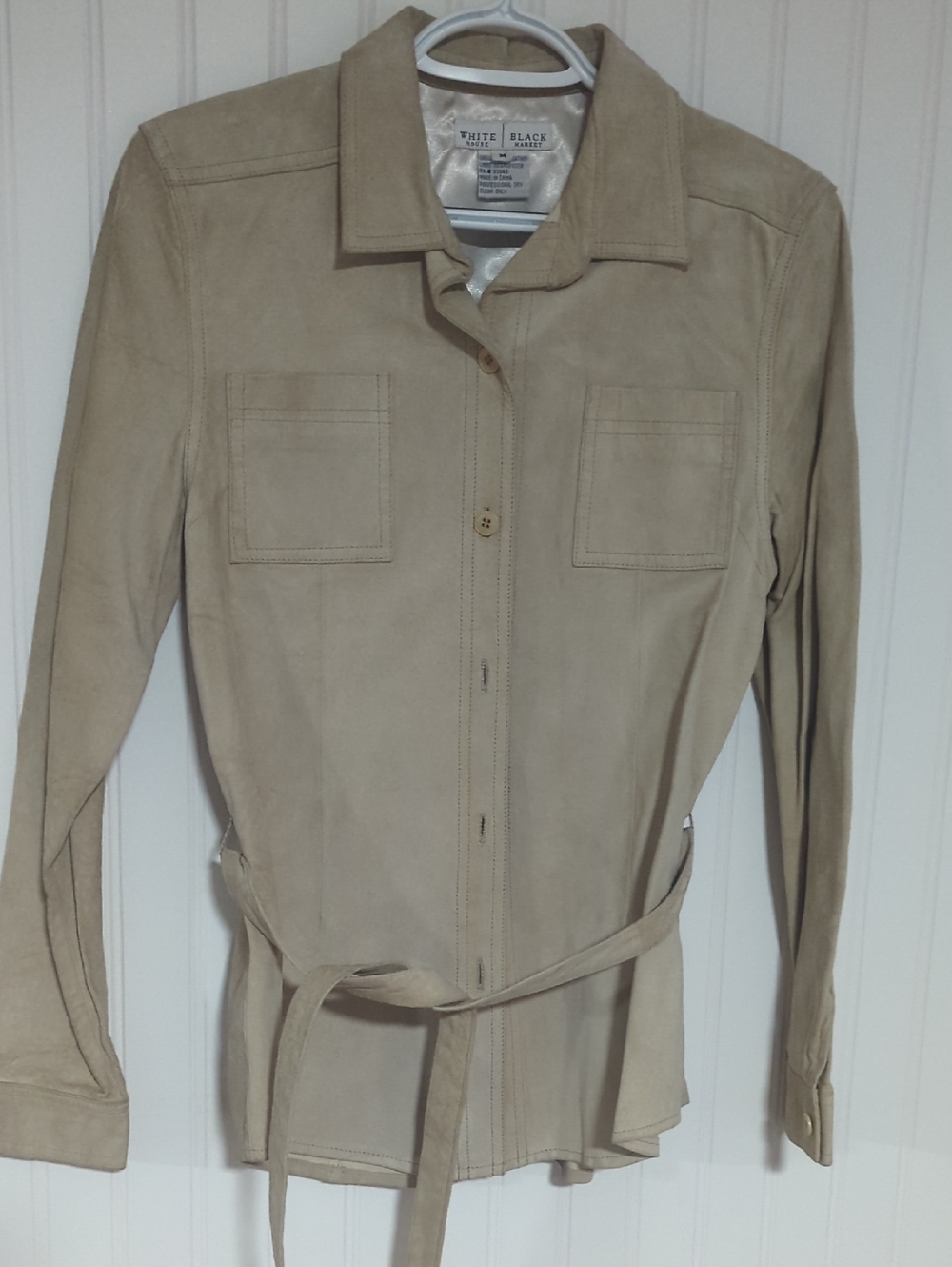 White House Black Market Beige Suede Belted Shirt Jacket